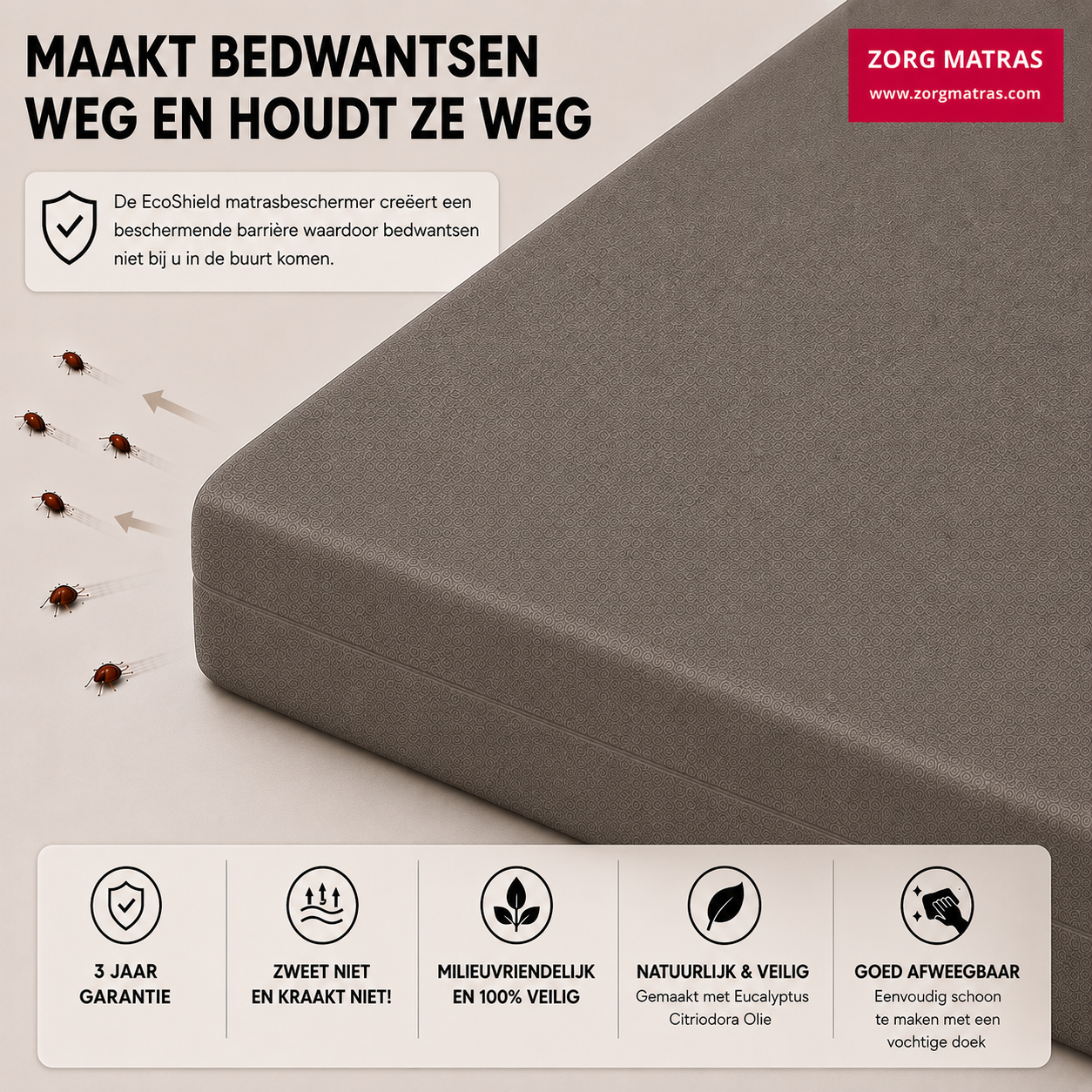 EcoShield matrashoes met 3 jaar garantie, natuurlijke bescherming tegen bedwantsen en goed afveegbaar oppervlak.