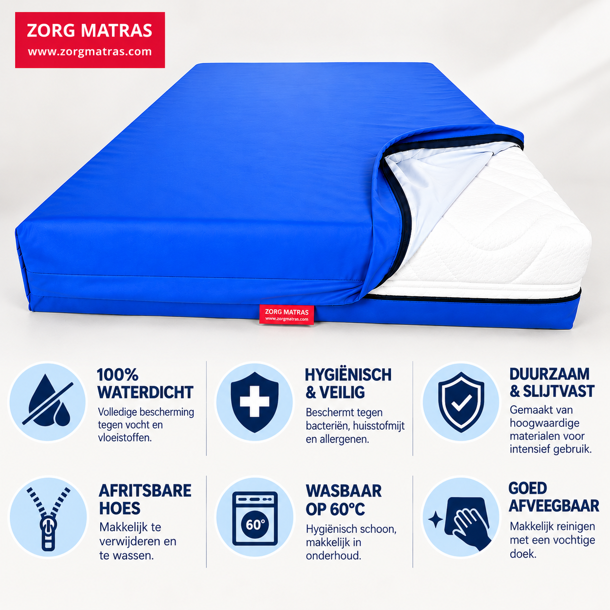 Waterdichte blauwe matrashoes met afritsbare hoes, wasbaar op 60°C en hygiënische bescherming.