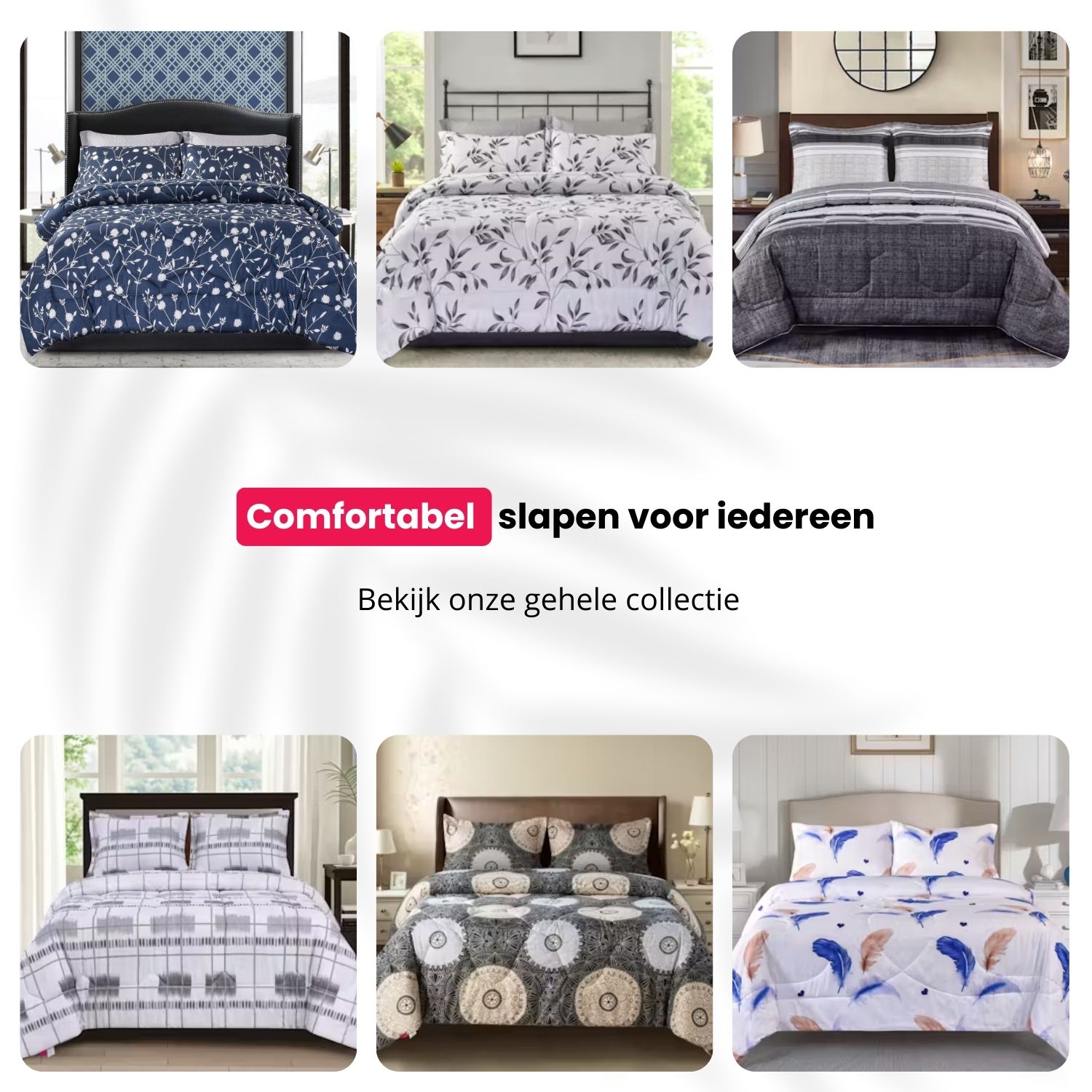 Overzicht van verschillende dekbedmodellen van Zorgmatras, waaronder het Nora dekbed zonder overtrek.