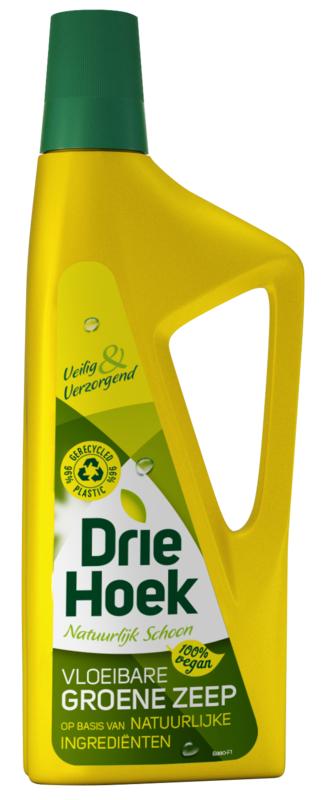Driehoek vloeibare groene zeep in fles voor huishoudelijk schoonmaken